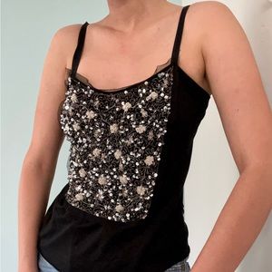 Velvet Black Tank Top with Silver Floral Sequin & Beaded Design